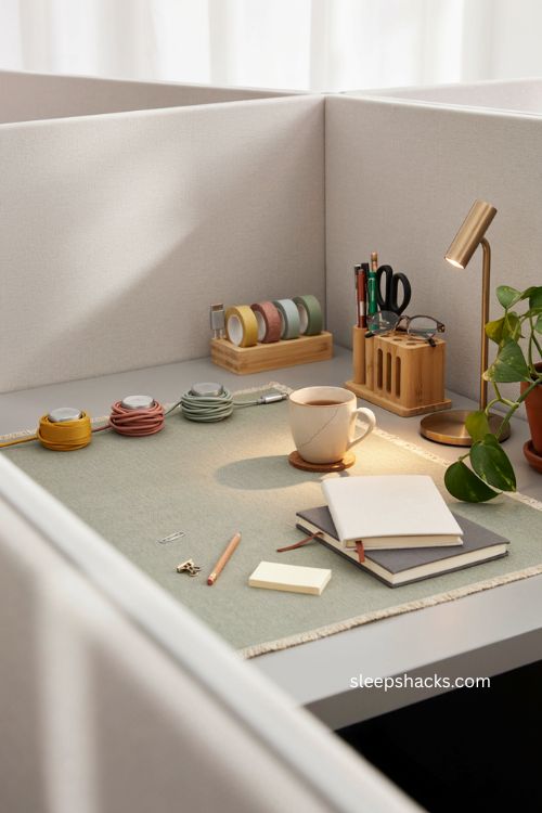Colorful tape cord wrapping for organized cubicle desk decor 