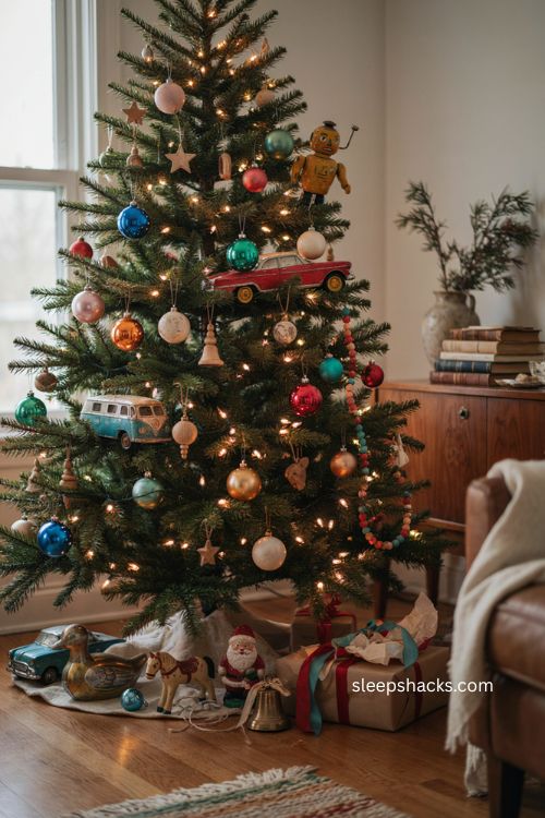 Colorful vintage toys tucked into a nostalgic Christmas tree 