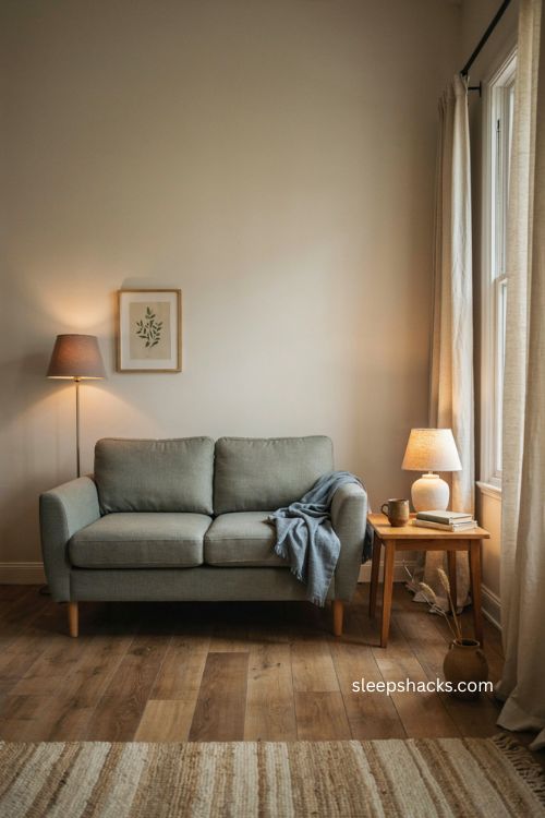 Comfortable accessible therapist office loveseat with washable linen upholstery and calming natural decor
