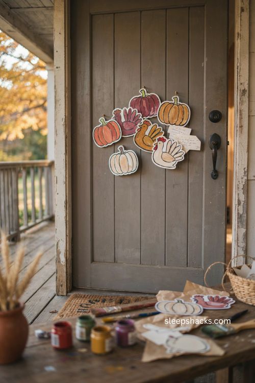 Community Thanksgiving door hangers with handmade turkey and pumpkin crafts for gifting 