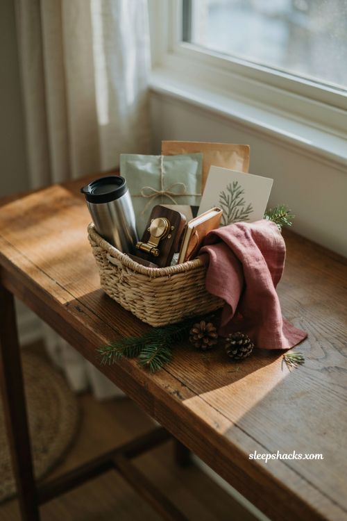 Commuter and road trip Christmas gift basket ideas with travel mug snacks and car accessories 