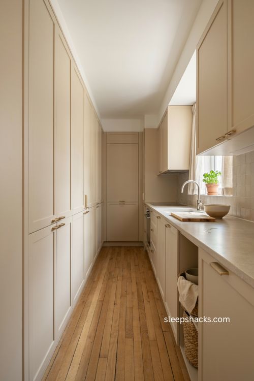 Compact beige galley kitchen with flat panel cabinets integrated appliances and wood trim 