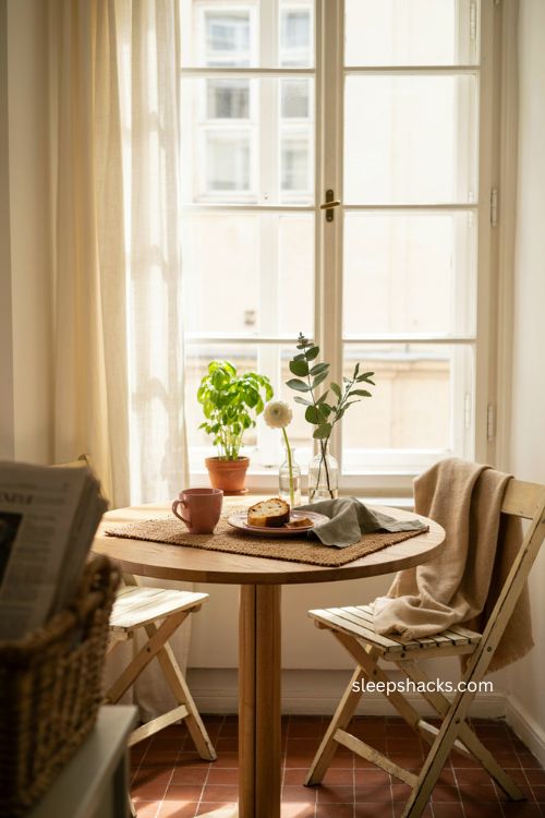 Compact bistro dining nook with round table and folding chairs for closed balcony