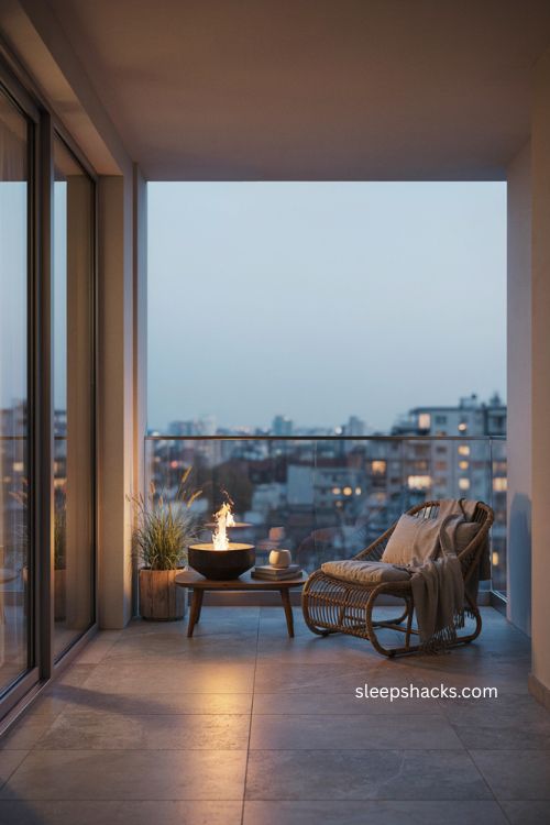 Compact fire feature modern balcony ideas with a cozy tabletop fire bowl