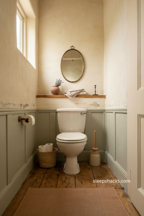 Compact toilet brush and plunger set in a cozy finished water closet