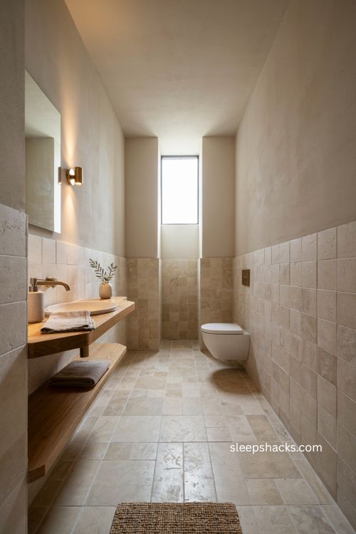 Continuous tile ideas for a narrow toilet room with large format tiles 