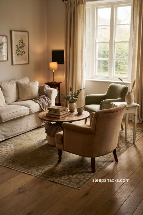 Conversation focused guest living room seating arrangement for a warm welcoming space 