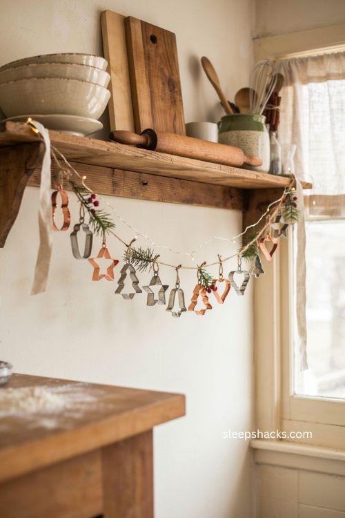 Cookie cutter garland Christmas decor with vintage farmhouse kitchen details