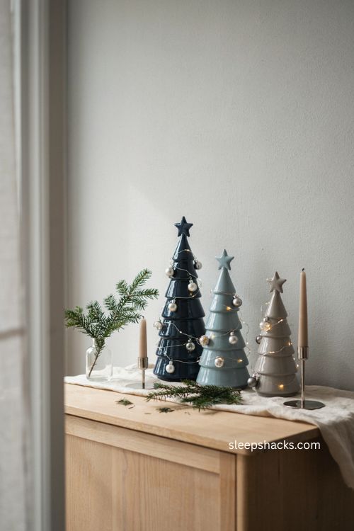 Cool toned ceramic christmas trees in navy icy blue and soft gray winter decor