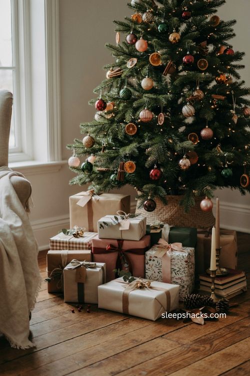 Coordinated Christmas gifts with velvet ribbon under a decorated tree 