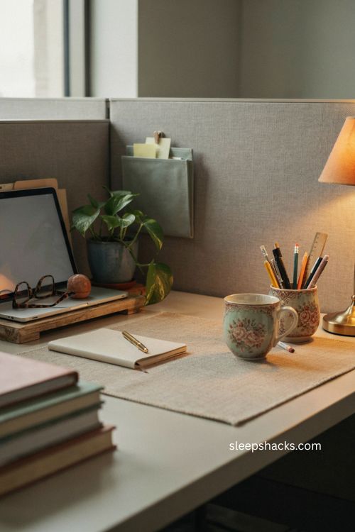 Coordinated mug and stationery cup for cozy cubicle desk decor 