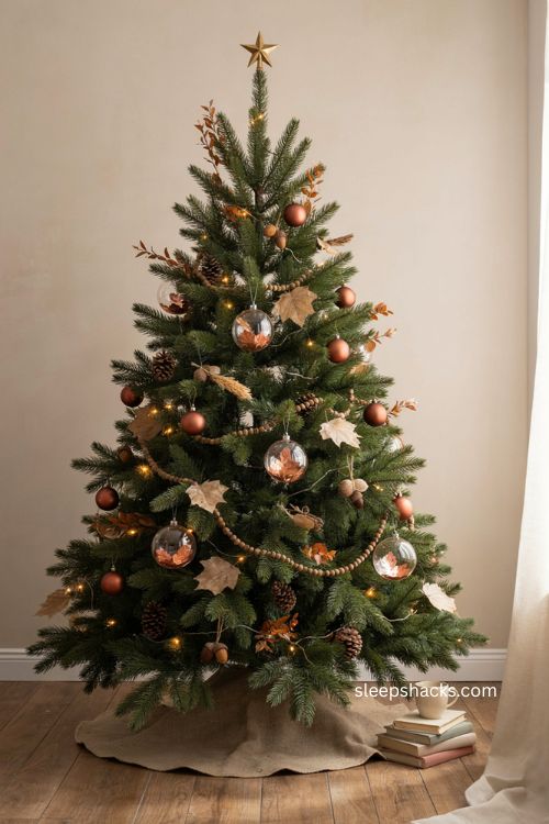 Copper foil leaf baubles on a cozy fall Christmas tree with rustic textures