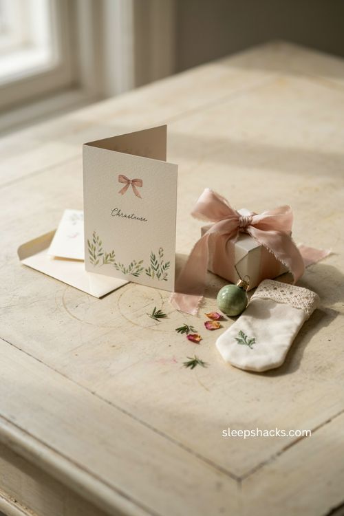 Coquette Christmas card with oversized blush pink ribbon bow and stocking 
