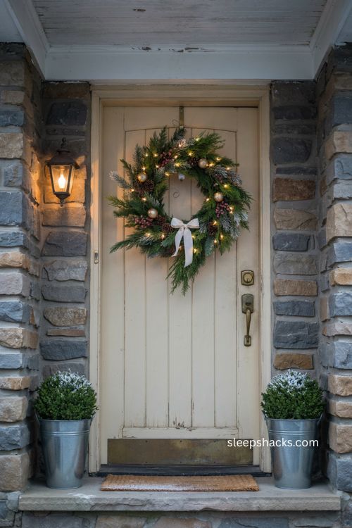 Cordless LED Christmas door swag with pinecones berries and warm white lights