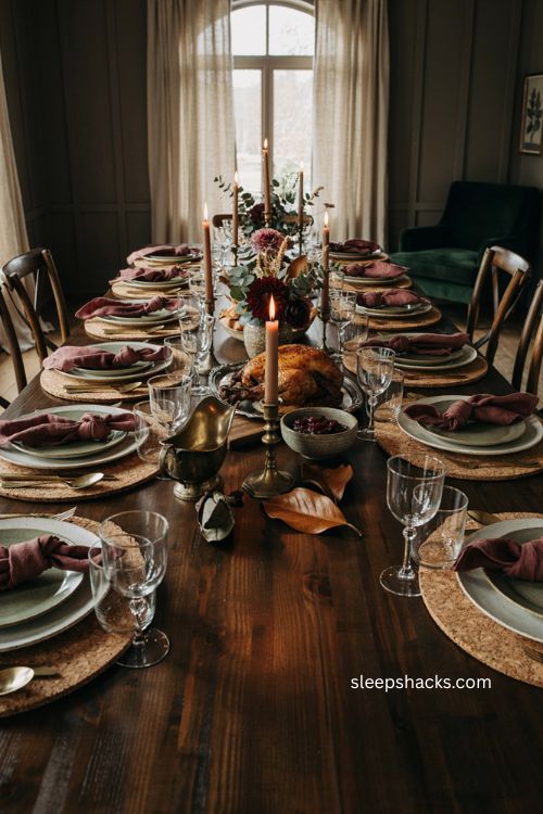 Cork placemats Thanksgiving tablescape with pottery plates gold flatware candlelight and rustic fall decor 