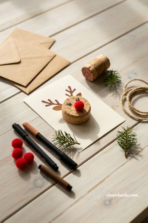 Cork reindeer handmade Christmas card ideas with rustic DIY details 
