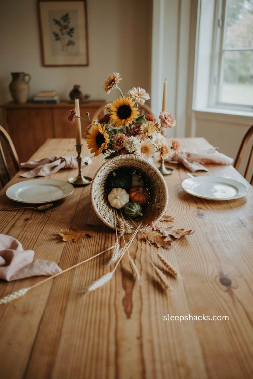 Cornucopia Thanksgiving flower centerpiece with sunflowers roses daisies and wheat on rustic dining table 
