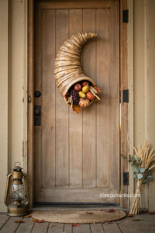 Cornucopia door hanger with woven basket texture and traditional Thanksgiving porch decor 