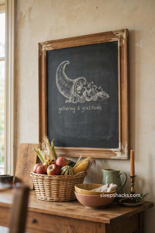 Cornucopia harvest chalkboard drawing for traditional fall kitchen decor 