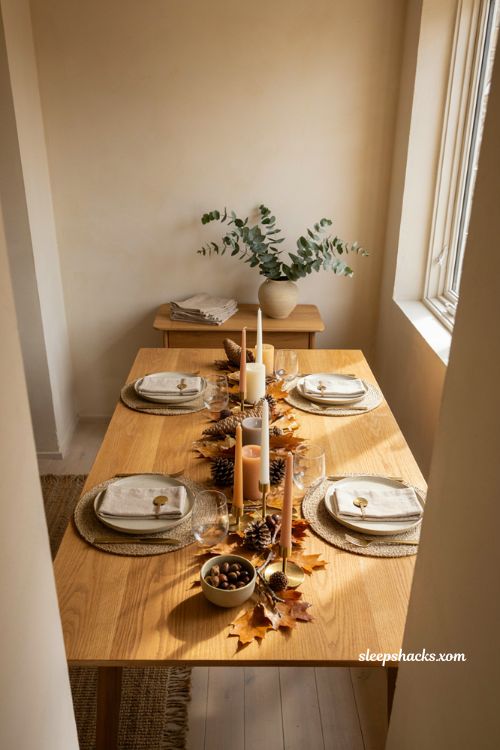 Cornucopia style Thanksgiving centerpiece with candles leaves and pinecones
