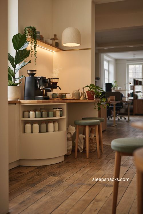 Corporate office coffee bar station with espresso machine mugs tea and warm wood decor
