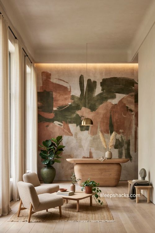 Corporate office reception area with statement mural comfortable seating and warm modern decor