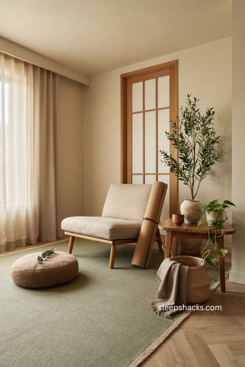 Corporate office wellness corner with soft seating warm lighting greenery and calming decor