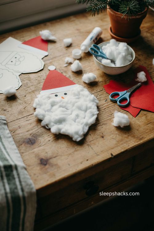 Cotton ball Santa beard Christmas craft for toddlers with fluffy handmade texture 