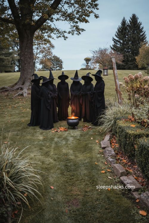 Coven circle witch figures around cauldron for moody Halloween yard decor