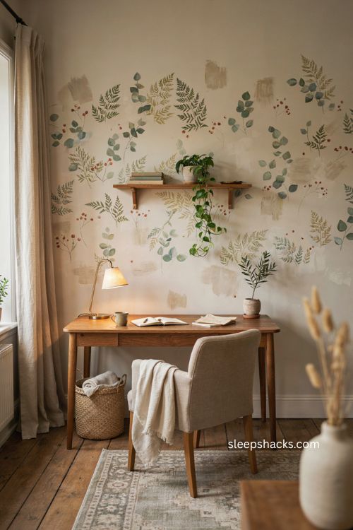 Cover one wall in something bold calming botanical wallpaper home office decor 