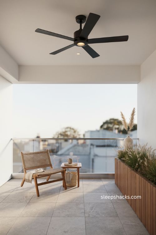 Covered modern balcony ideas with a sleek ceiling fan and warm lighting