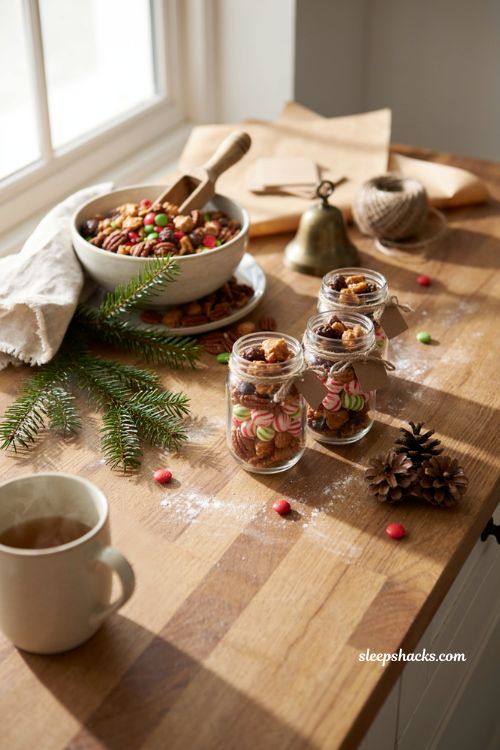 Coworker Christmas gift homemade candy snack mix in mason jars bulk gift idea
