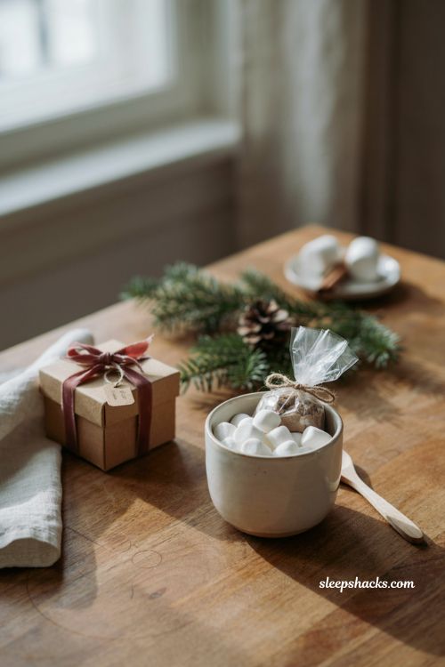 Coworker Christmas gift hot cocoa kit with mini marshmallows and mug
