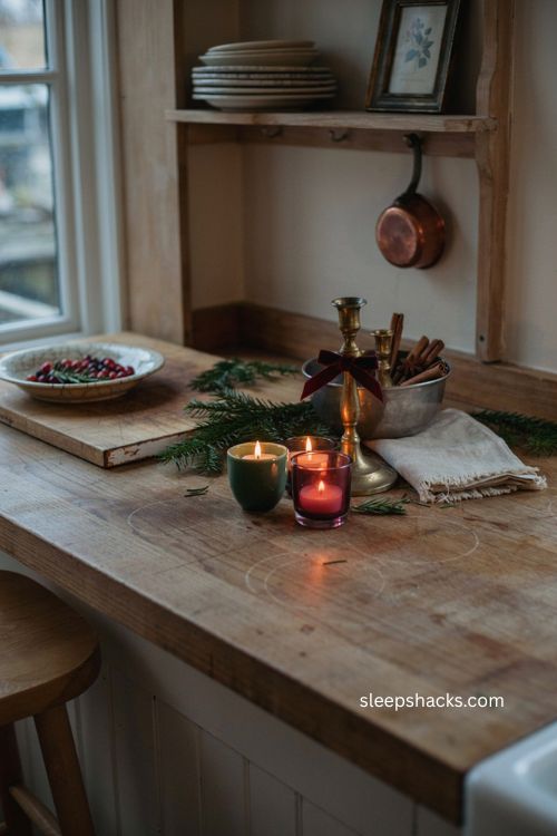 Cozy Christmas candlelight with brass candlesticks and velvet bow on kitchen counter 