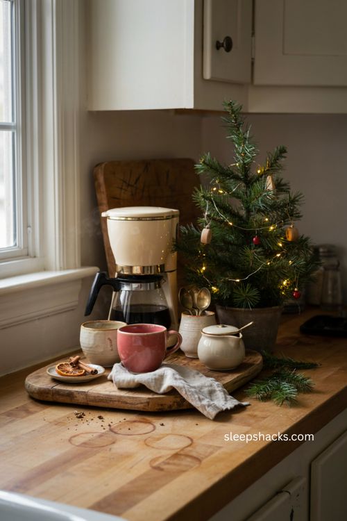 Cozy Christmas coffee station with holiday mugs and mini tree on kitchen counter 
