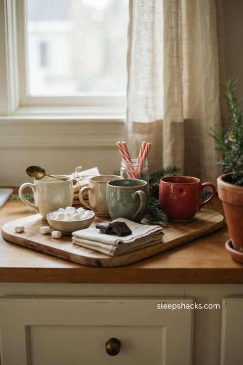 Cozy Christmas hot cocoa bar with mugs and peppermint sticks on kitchen counter 