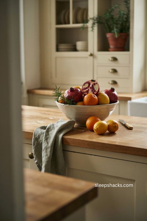 Cozy Christmas kitchen with citrus fruit pomegranates and greenery 
