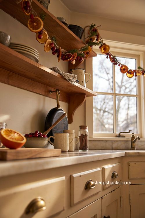 Cozy Christmas kitchen with dried orange and cranberry garland 