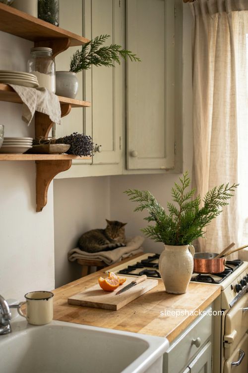 Cozy Christmas kitchen with fresh pine and cedar greenery