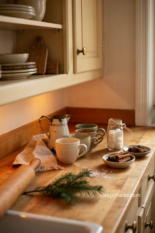 Cozy Christmas kitchen with mini hot cocoa and cider station