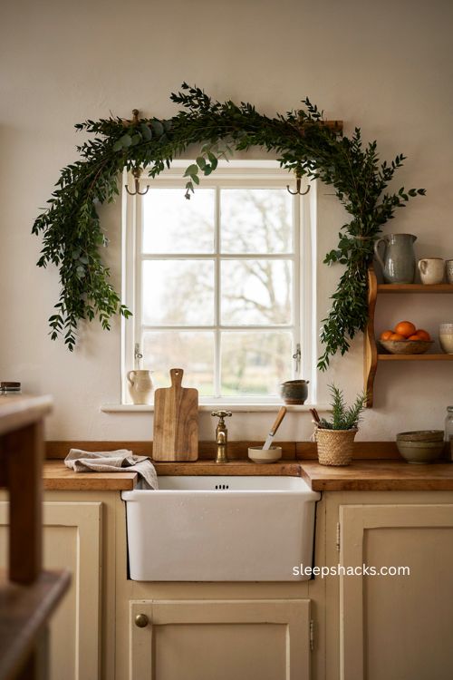 Cozy Christmas kitchen with pine garland around a kitchen window
