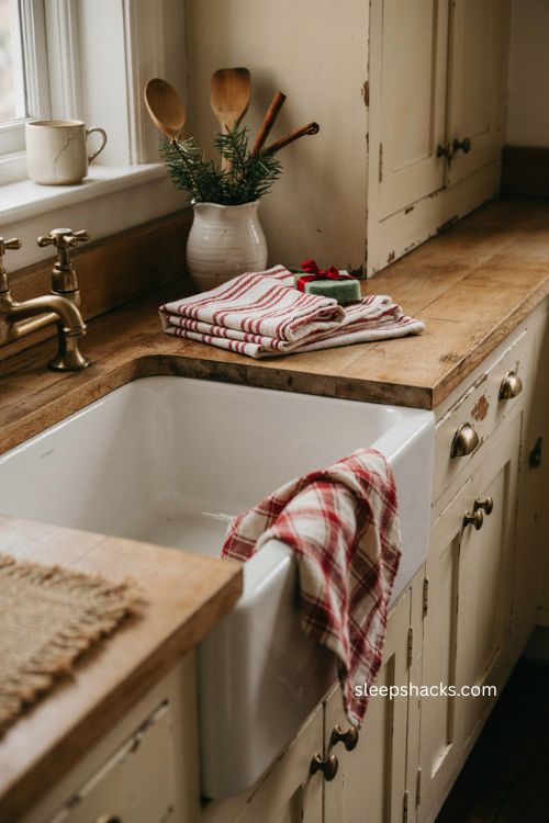 Cozy Christmas kitchen with red plaid dish towels by the sink