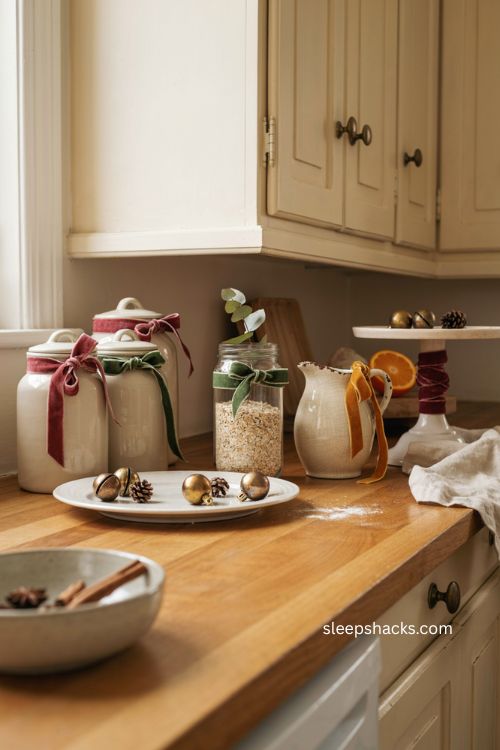 Cozy Christmas kitchen with ribbons and mini ornaments on everyday decor 
