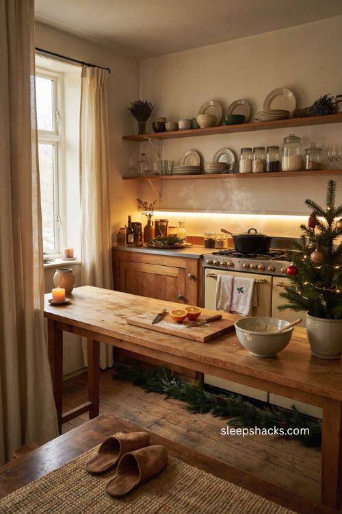 Cozy Christmas kitchen with simple festive decor and warm farmhouse details
