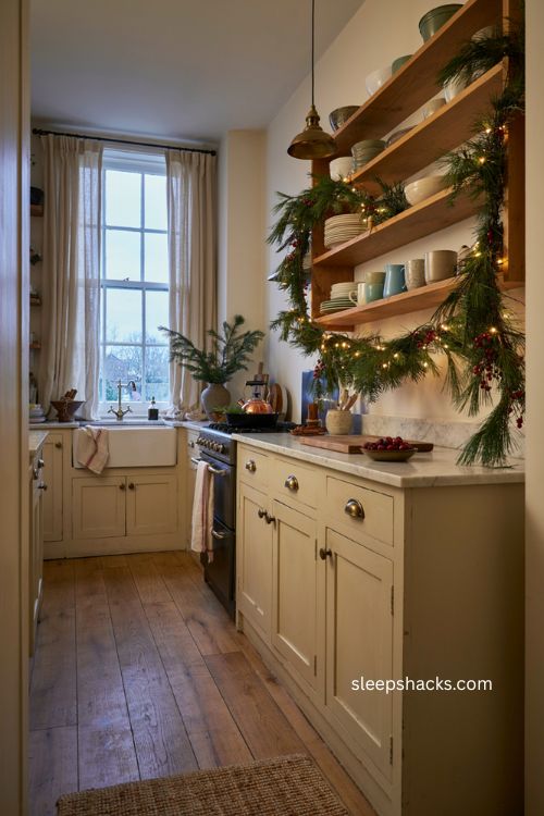 Cozy Christmas kitchen with twinkle lights woven through evergreen garland 