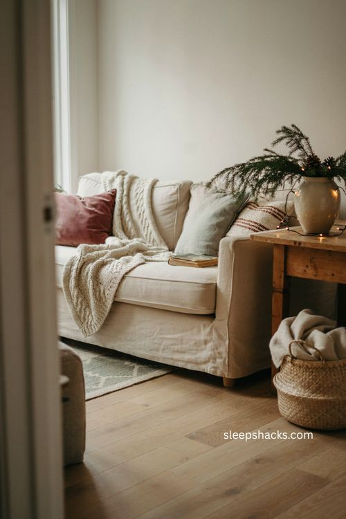 Cozy Christmas textiles with chunky knit throw and layered holiday pillows in a small living room 