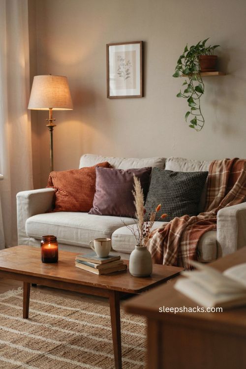 Cozy Halloween apartment decor with burnt orange pillows and plaid blanket 