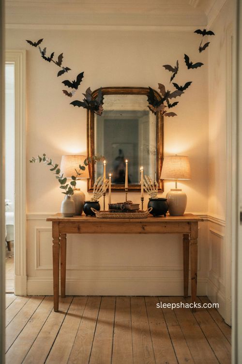 Cozy Halloween entry table with skeleton hands paper bats warm lamps and mirror