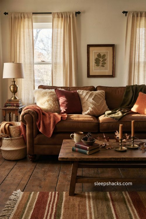 Cozy Thanksgiving living room with chunky knit throws and faux fur pillows 