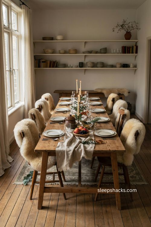 Cozy Thanksgiving table with sheepskin draped dining chairs 